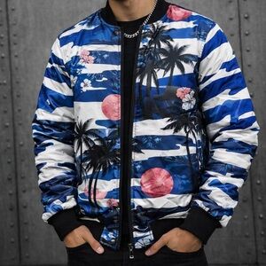 FreshHoods Quilted Bomber Jacket Tropical Palm Print Blue Red Size Small